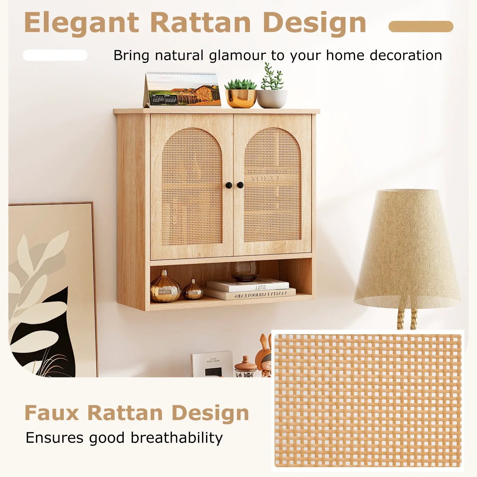 Bathroom Wall Cabinet with PE Rattan Doors and Adjustable Shelves-Natural by DirectDeals