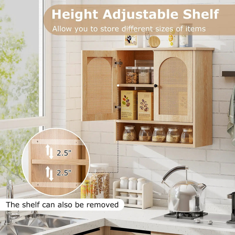 Bathroom Wall Cabinet with PE Rattan Doors and Adjustable Shelves-Natural by DirectDeals