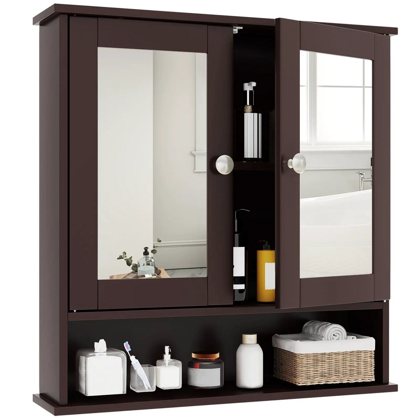 Double Door Wall-Mounted Bathroom Mirror Cabinet with Storage Shelf by DirectDeals