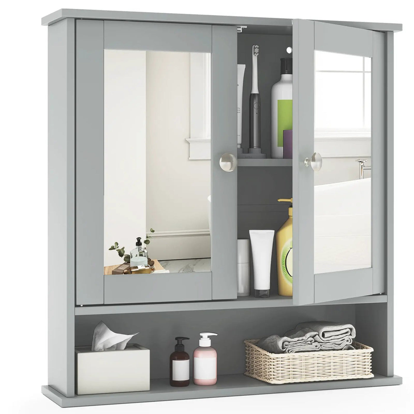 Double Door Wall-Mounted Bathroom Mirror Cabinet with Storage Shelf by DirectDeals