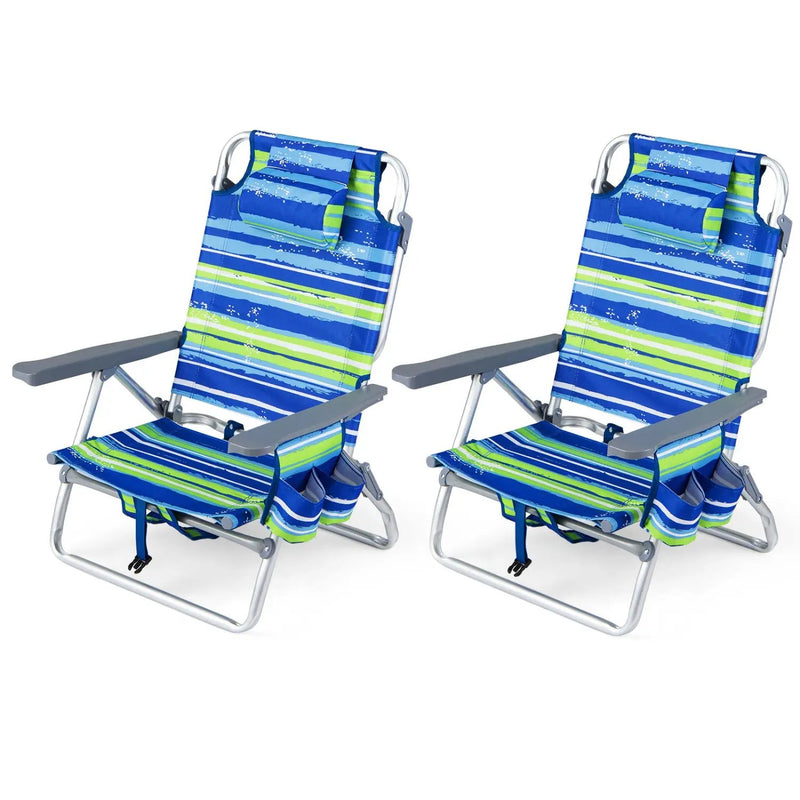 Beach Chairs Set of 2 Portable Folding Backpack Recliners with 5-Position Backrest and Padded Headrest by DirectDeals