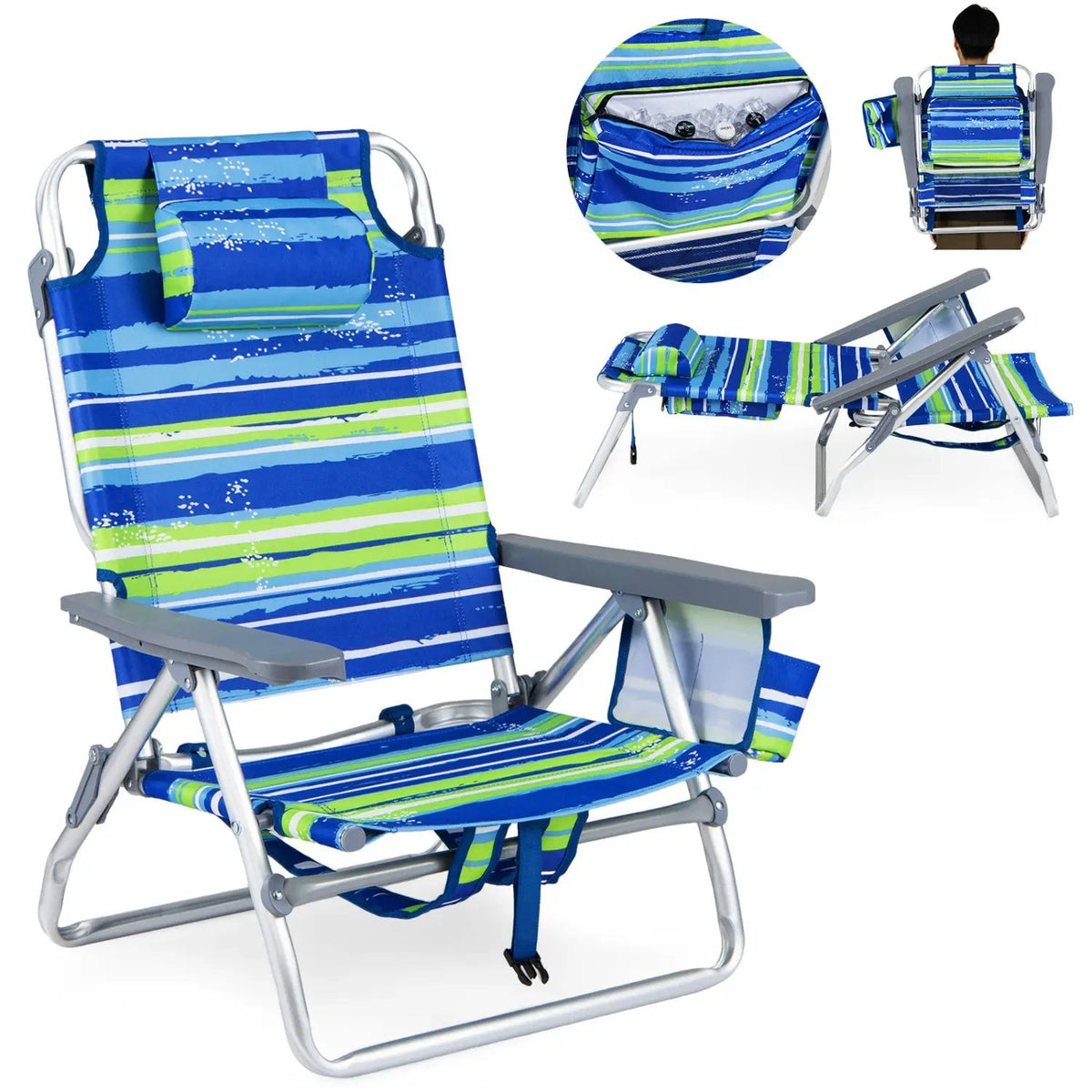 Beach Chairs Set of 2 Portable Folding Backpack Recliners with 5-Position Backrest and Padded Headrest, photo 20 of 36