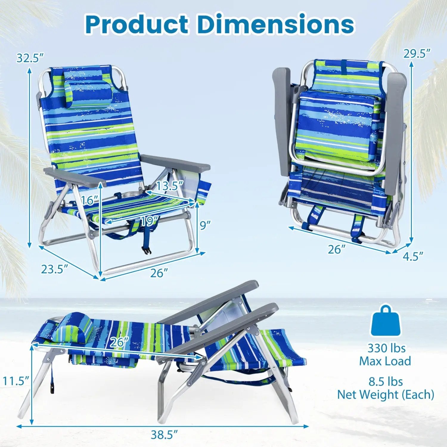 Beach Chairs Set of 2 Portable Folding Backpack Recliners with 5-Position Backrest and Padded Headrest by DirectDeals