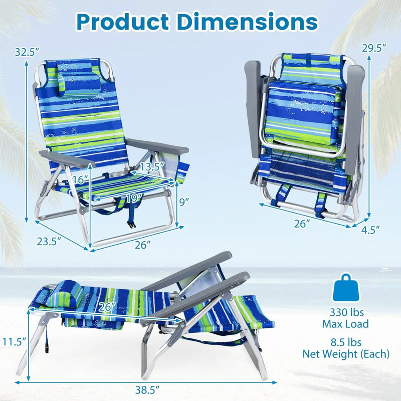 Beach Chairs Set of 2 Portable Folding Backpack Recliners with 5-Position Backrest and Padded Headrest by DirectDeals
