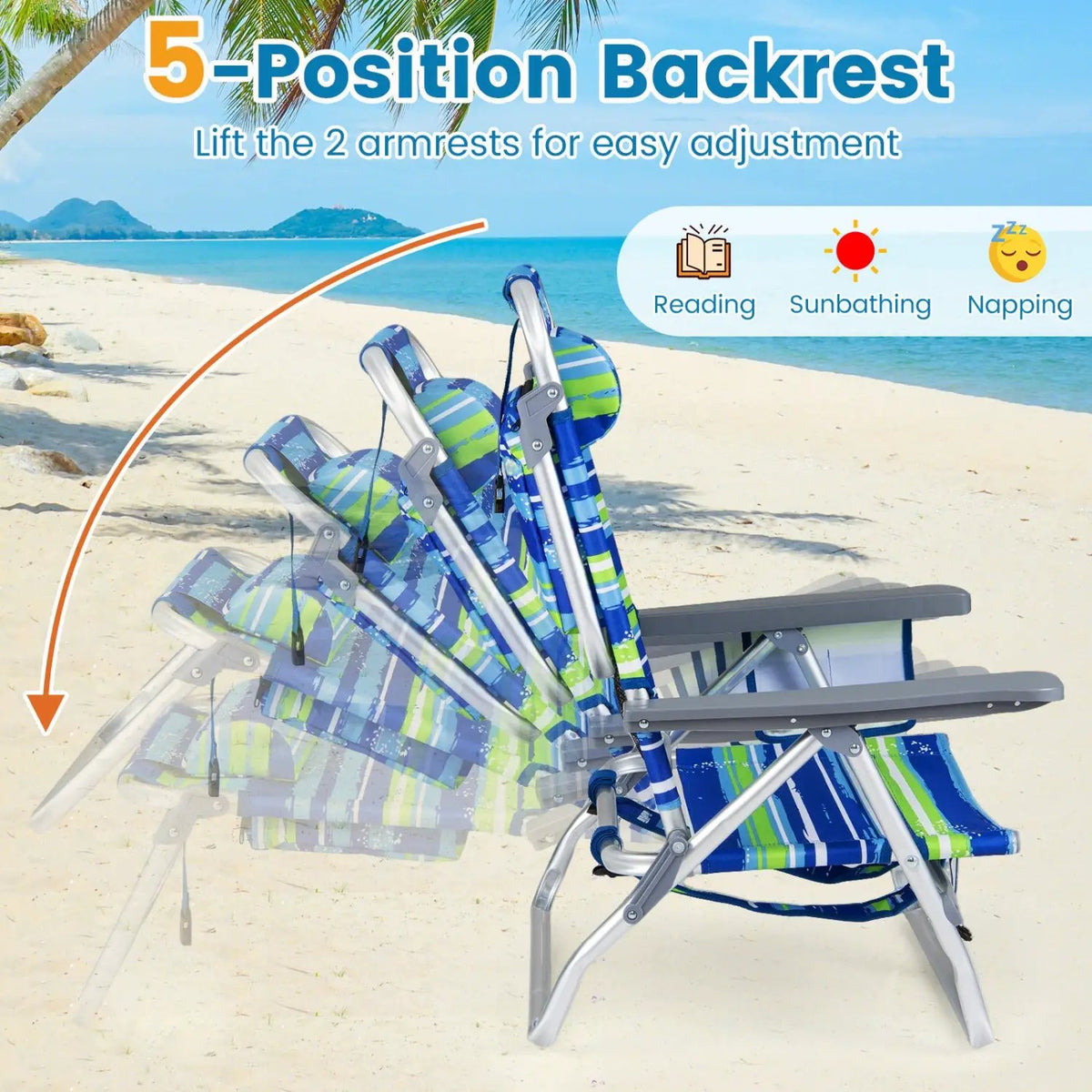 Beach Chairs Set of 2 Portable Folding Backpack Recliners with 5-Position Backrest and Padded Headrest, photo 22 of 36