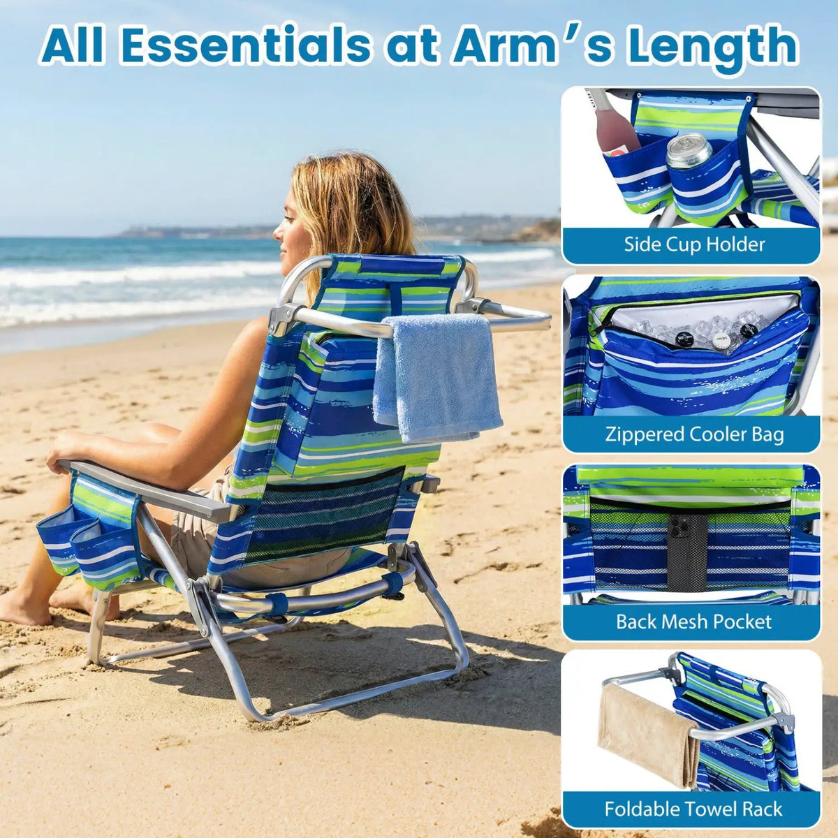 Beach Chairs Set of 2 Portable Folding Backpack Recliners with 5-Position Backrest and Padded Headrest, photo 23 of 36