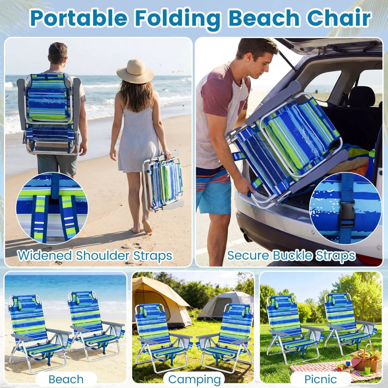 Beach Chairs Set of 2 Portable Folding Backpack Recliners with 5-Position Backrest and Padded Headrest by DirectDeals
