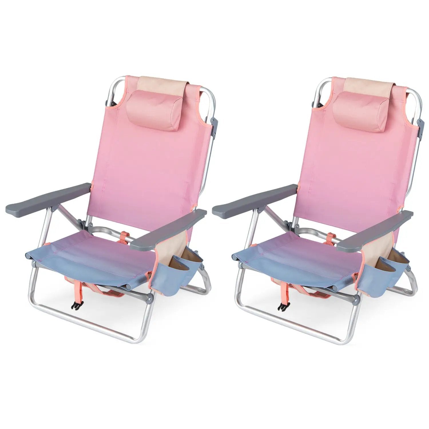 Beach Chairs Set of 2 Portable Folding Backpack Recliners with 5-Position Backrest and Padded Headrest by DirectDeals