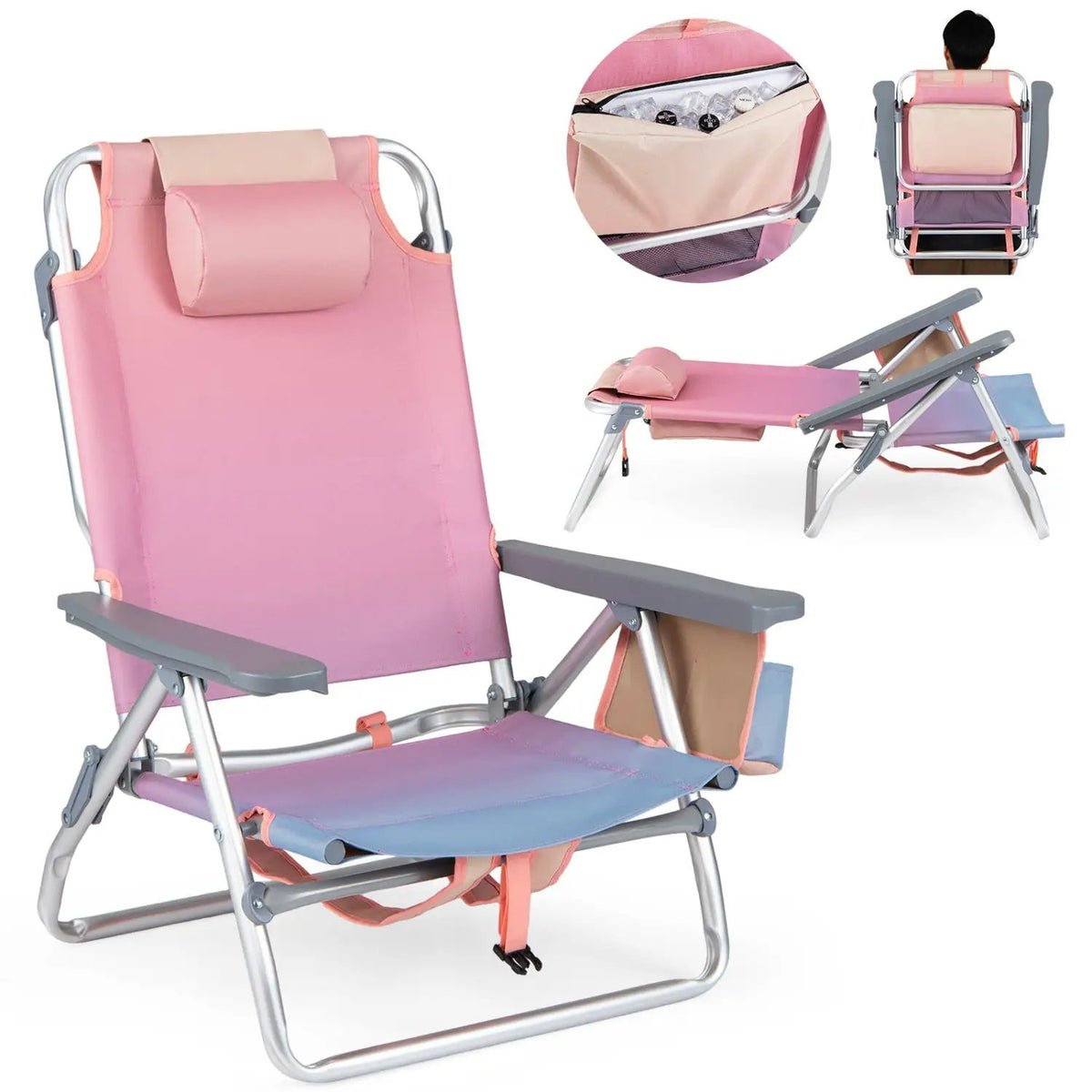 Beach Chairs Set of 2 Portable Folding Backpack Recliners with 5-Position Backrest and Padded Headrest, photo 6 of 36