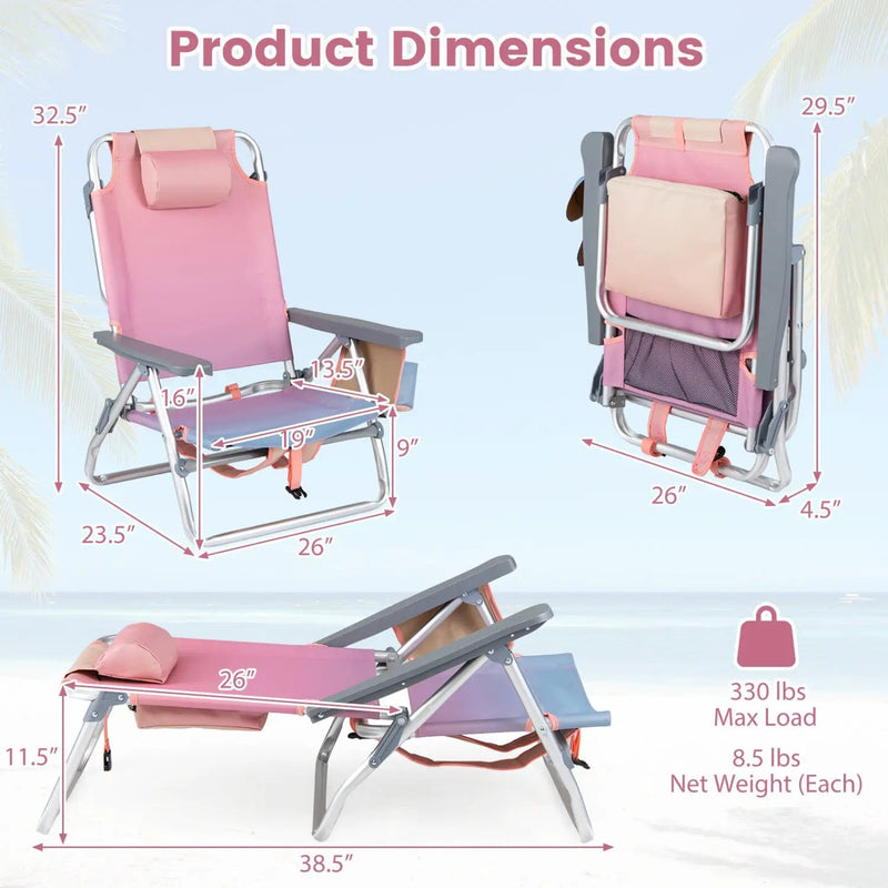 Beach Chairs Set of 2 Portable Folding Backpack Recliners with 5-Position Backrest and Padded Headrest by DirectDeals