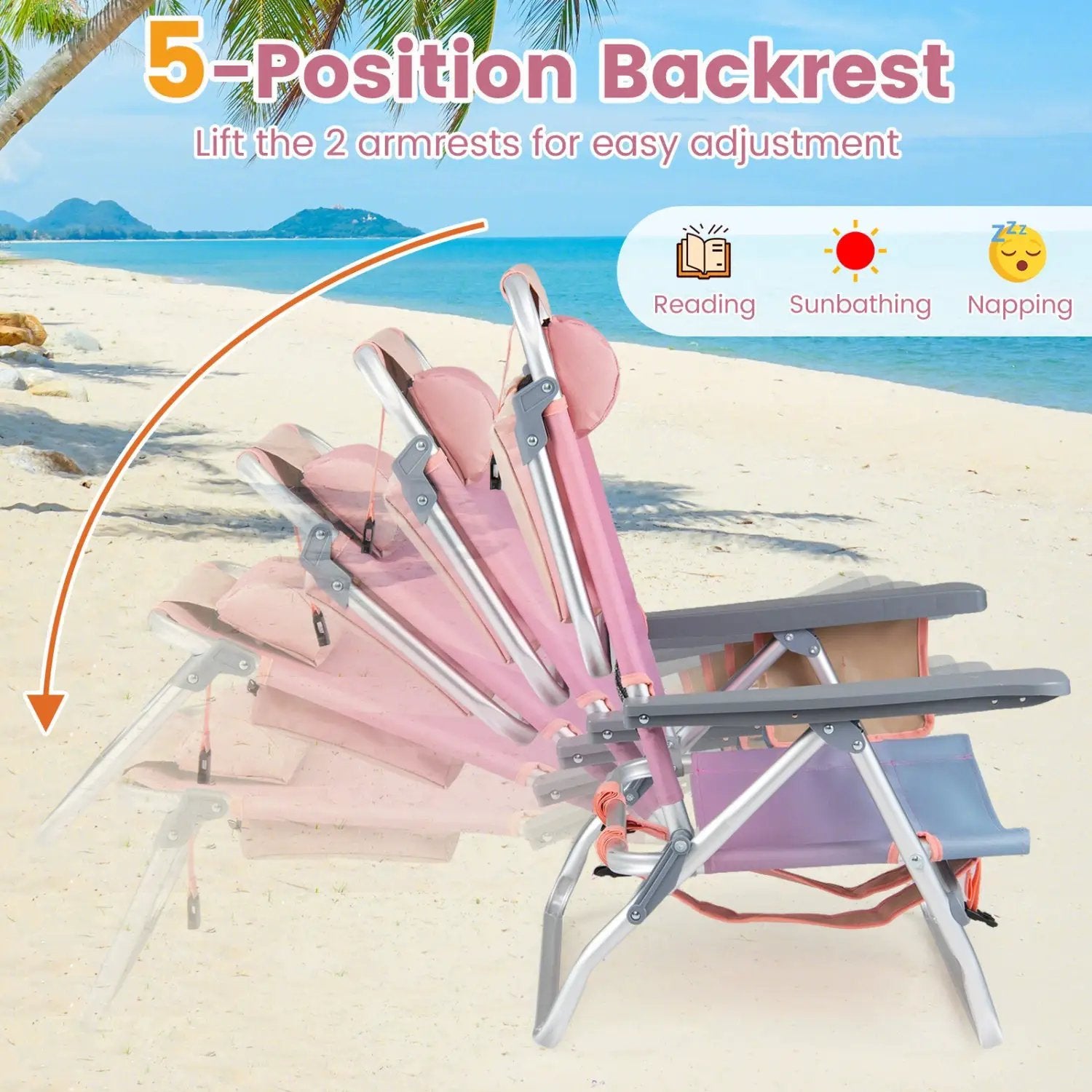 Beach Chairs Set of 2 Portable Folding Backpack Recliners with 5-Position Backrest and Padded Headrest by DirectDeals