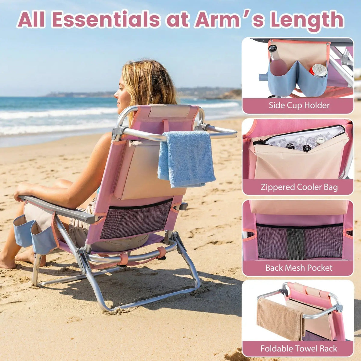 Beach Chairs Set of 2 Portable Folding Backpack Recliners with 5-Position Backrest and Padded Headrest, photo 9 of 36