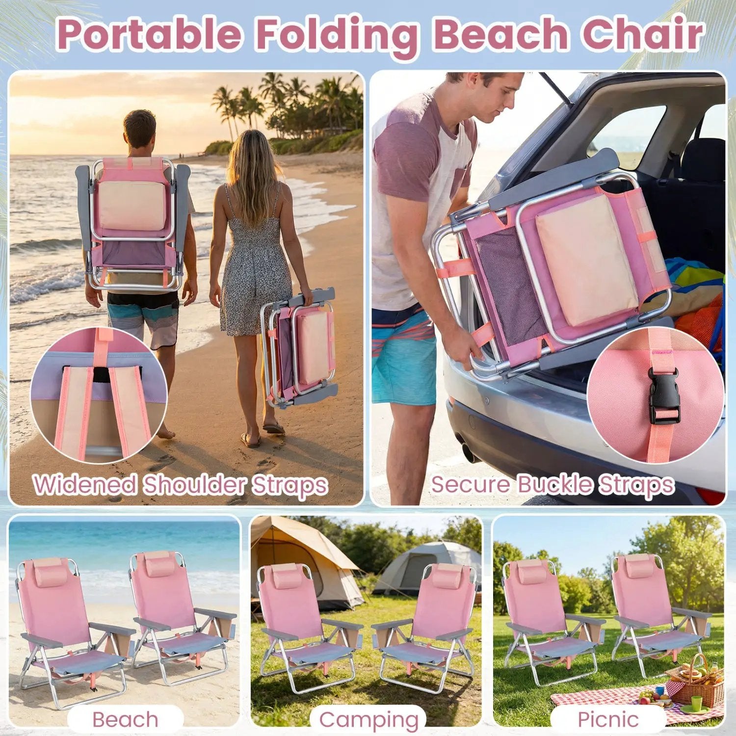 Beach Chairs Set of 2 Portable Folding Backpack Recliners with 5-Position Backrest and Padded Headrest by DirectDeals