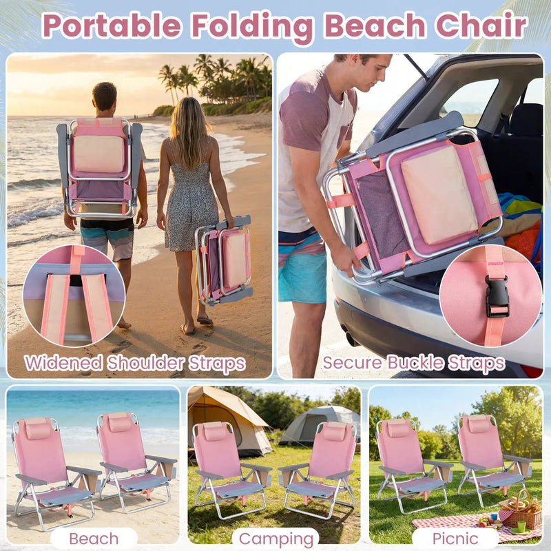 Beach Chairs Set of 2 Portable Folding Backpack Recliners with 5-Position Backrest and Padded Headrest by DirectDeals