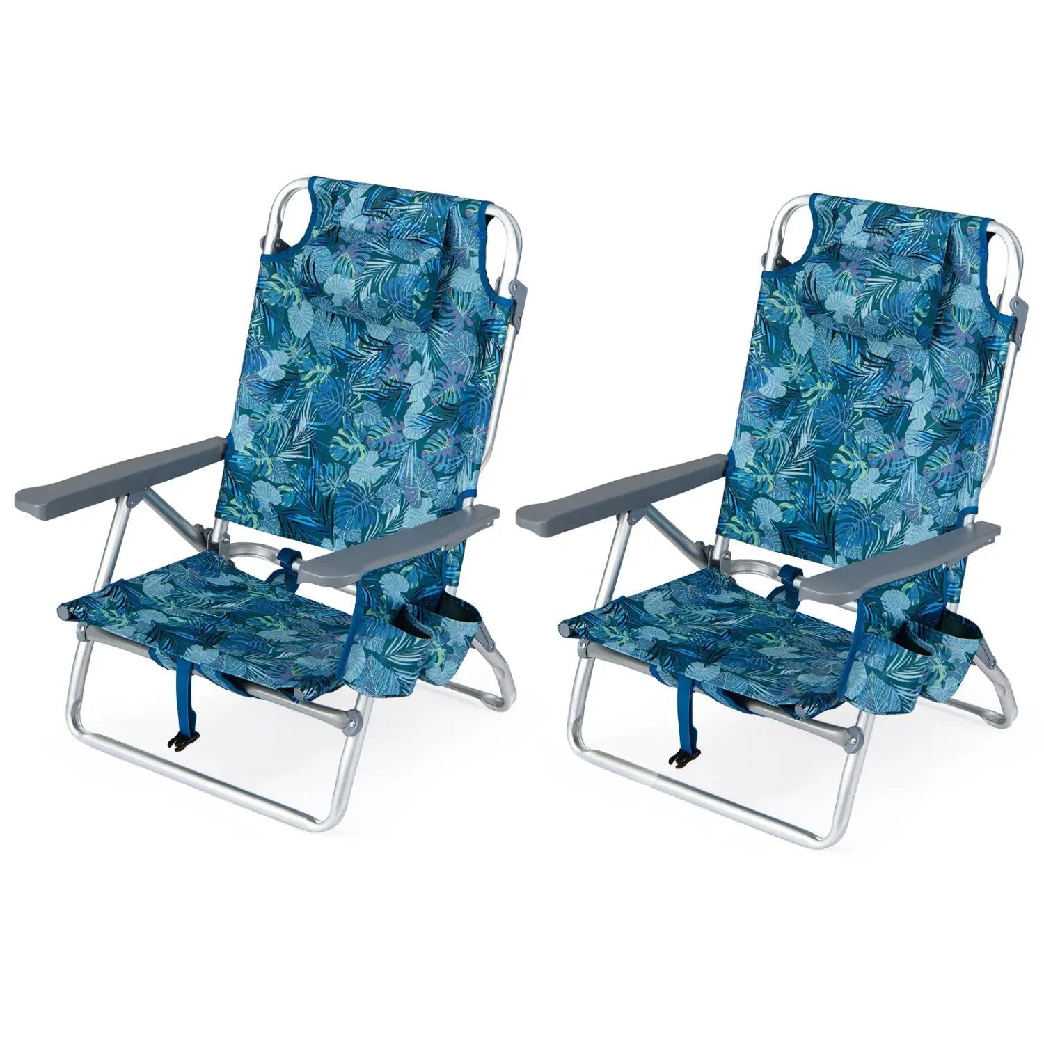 Beach Chairs Set of 2 Portable Folding Backpack Recliners with 5-Position Backrest and Padded Headrest by DirectDeals