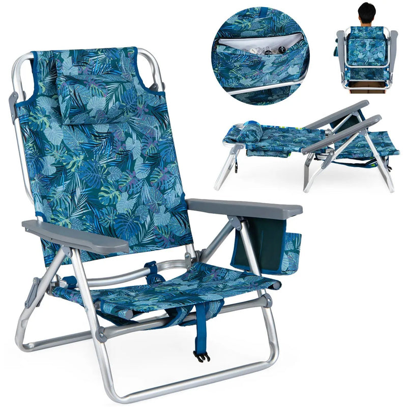 Beach Chairs Set of 2 Portable Folding Backpack Recliners with 5-Position Backrest and Padded Headrest by DirectDeals