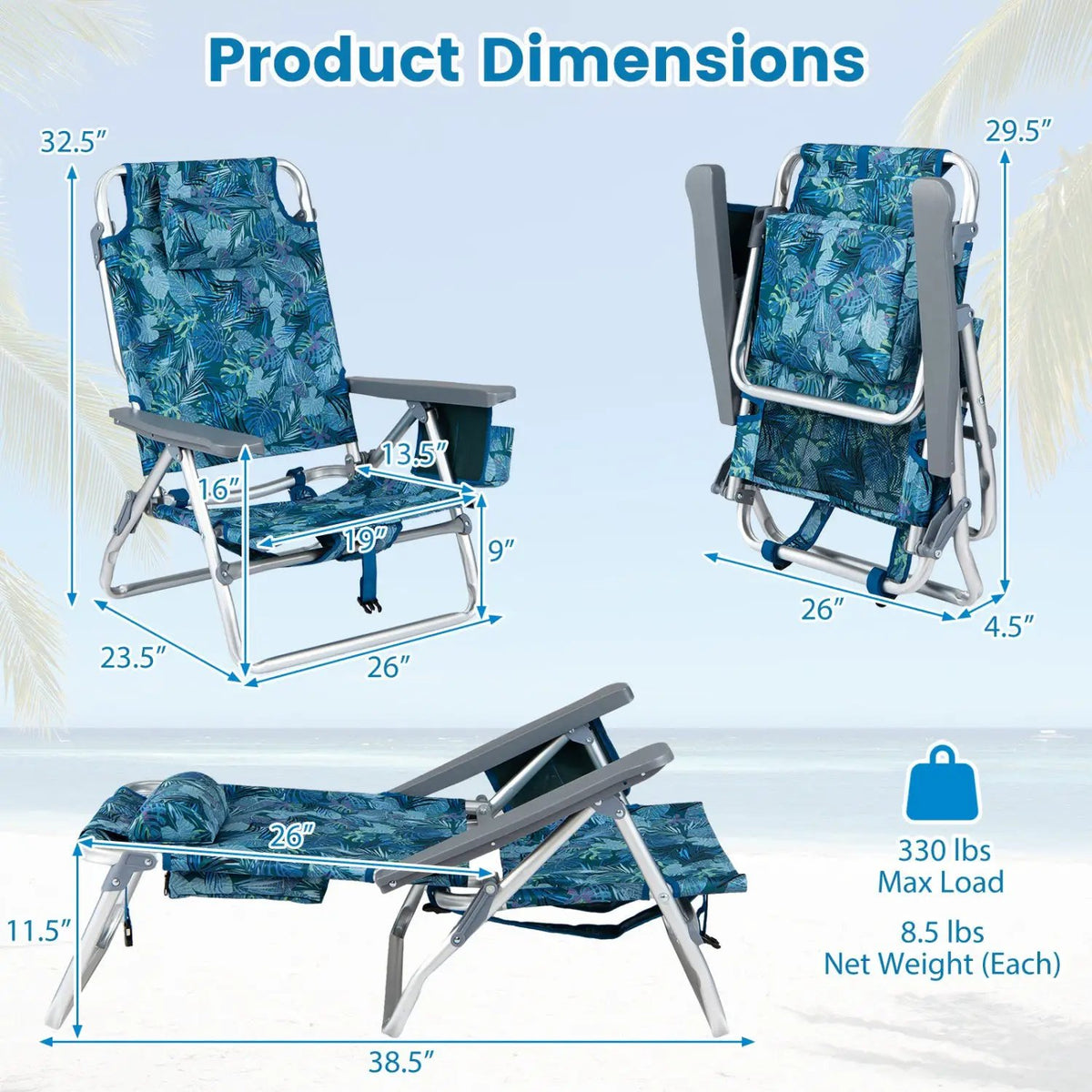 Beach Chairs Set of 2 Portable Folding Backpack Recliners with 5-Position Backrest and Padded Headrest, photo 28 of 36