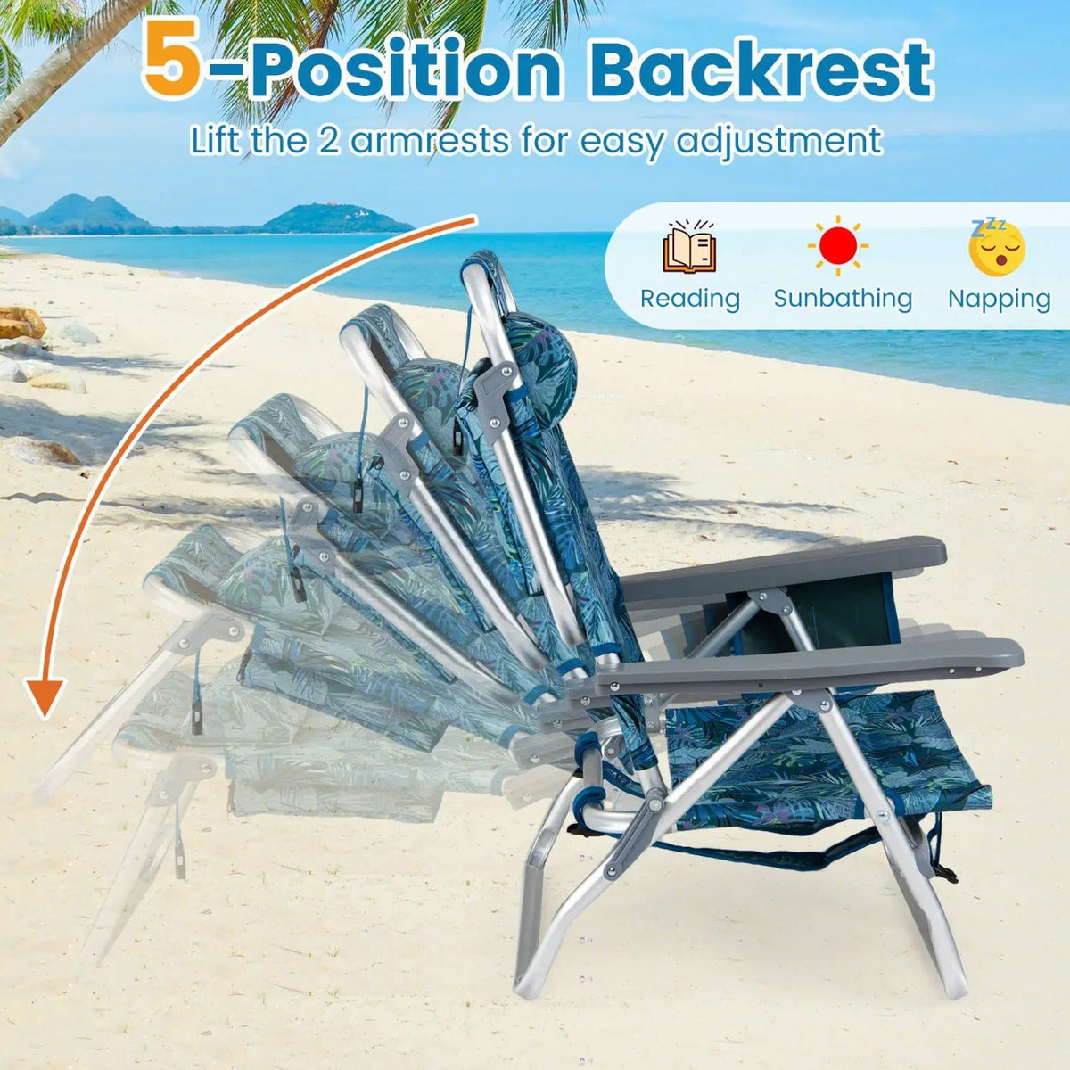 Beach Chairs Set of 2 Portable Folding Backpack Recliners with 5-Position Backrest and Padded Headrest, photo 29 of 36