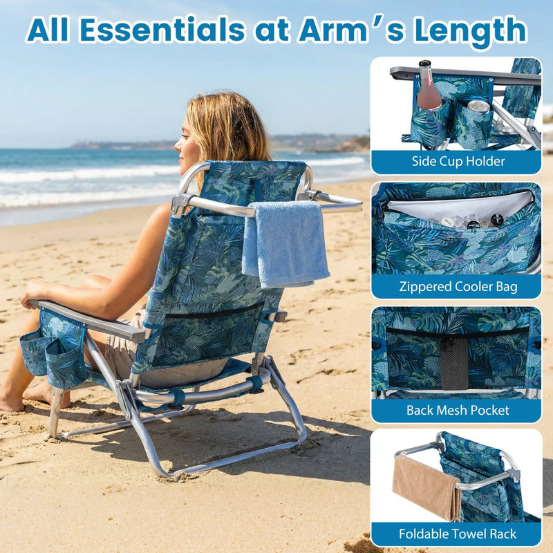 Beach Chairs Set of 2 Portable Folding Backpack Recliners with 5-Position Backrest and Padded Headrest by DirectDeals