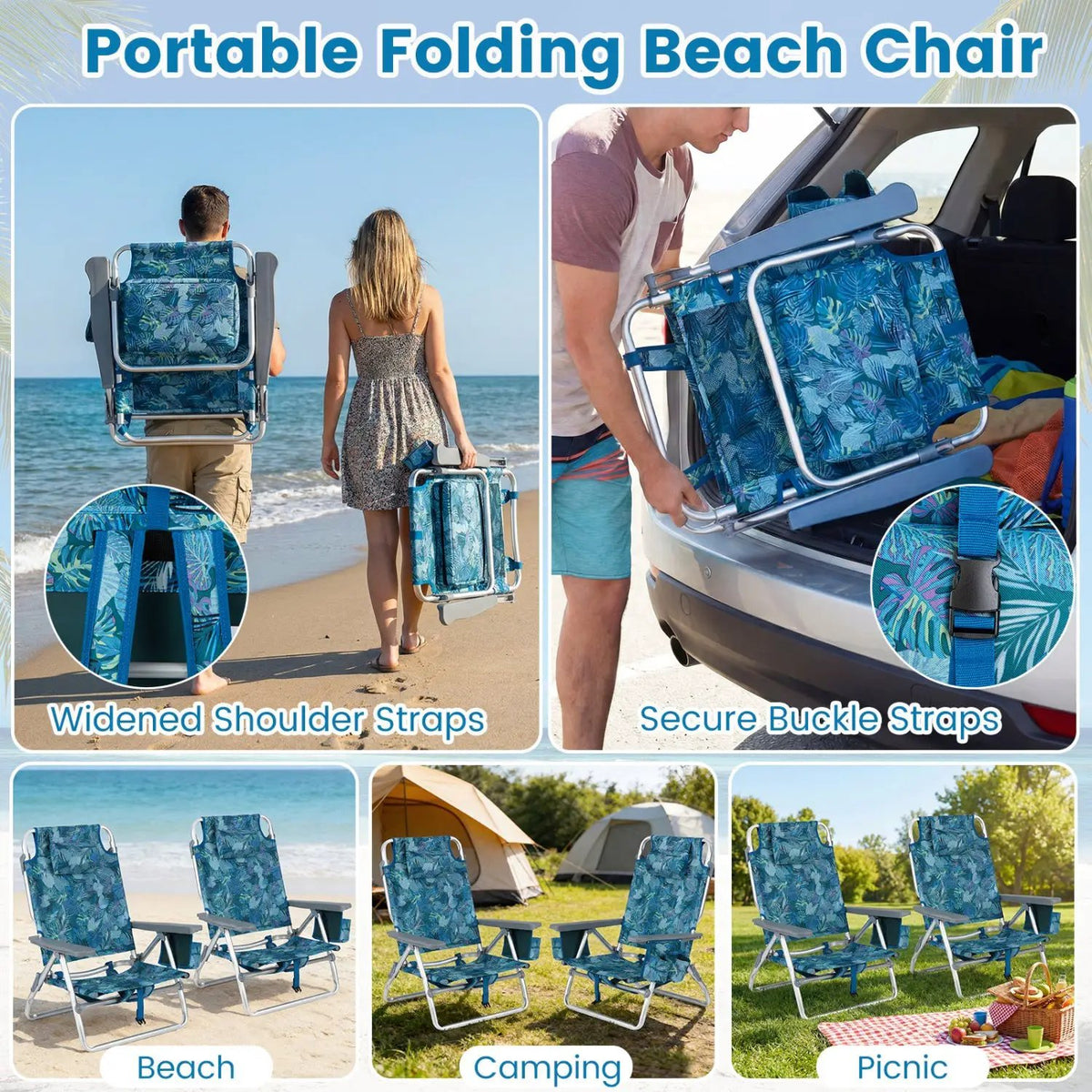 Beach Chairs Set of 2 Portable Folding Backpack Recliners with 5-Position Backrest and Padded Headrest, photo 31 of 36