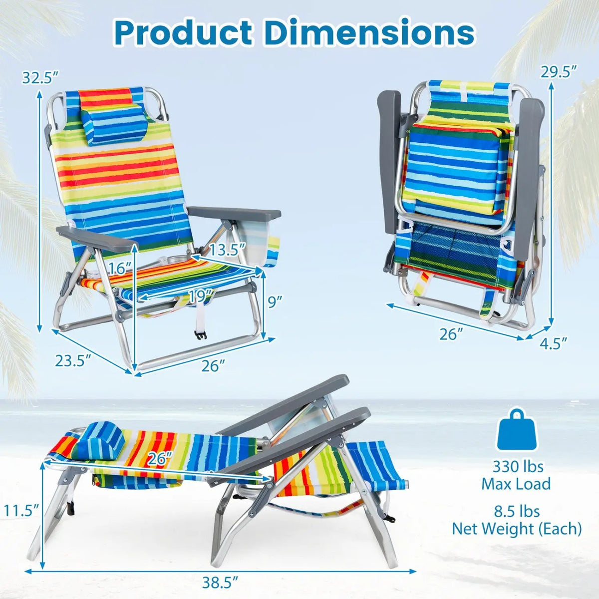 Beach Chairs Set of 2 Portable Folding Backpack Recliners with 5-Position Backrest and Padded Headrest, photo 14 of 36