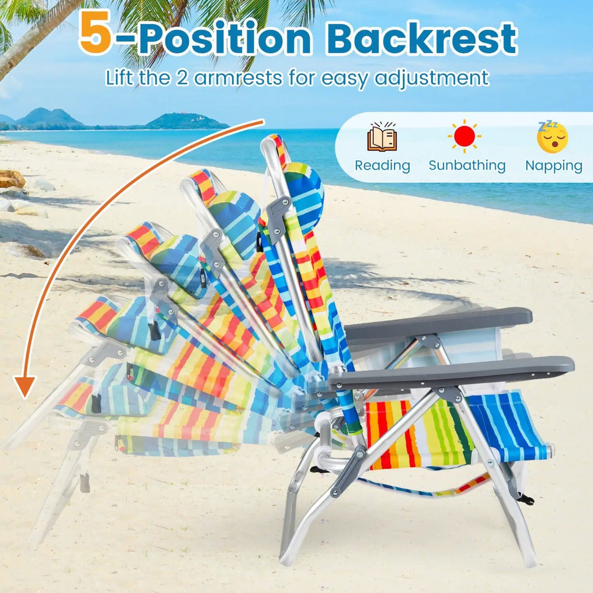 Beach Chairs Set of 2 Portable Folding Backpack Recliners with 5-Position Backrest and Padded Headrest, photo 15 of 36
