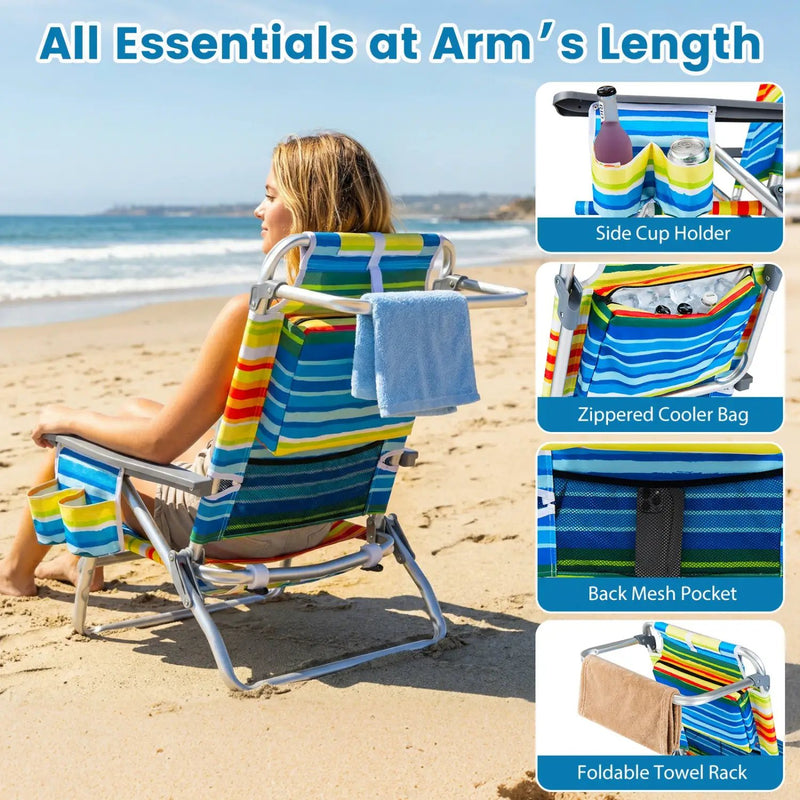 Beach Chairs Set of 2 Portable Folding Backpack Recliners with 5-Position Backrest and Padded Headrest by DirectDeals