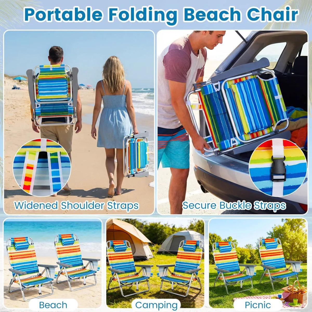 Beach Chairs Set of 2 Portable Folding Backpack Recliners with 5-Position Backrest and Padded Headrest, photo 17 of 36