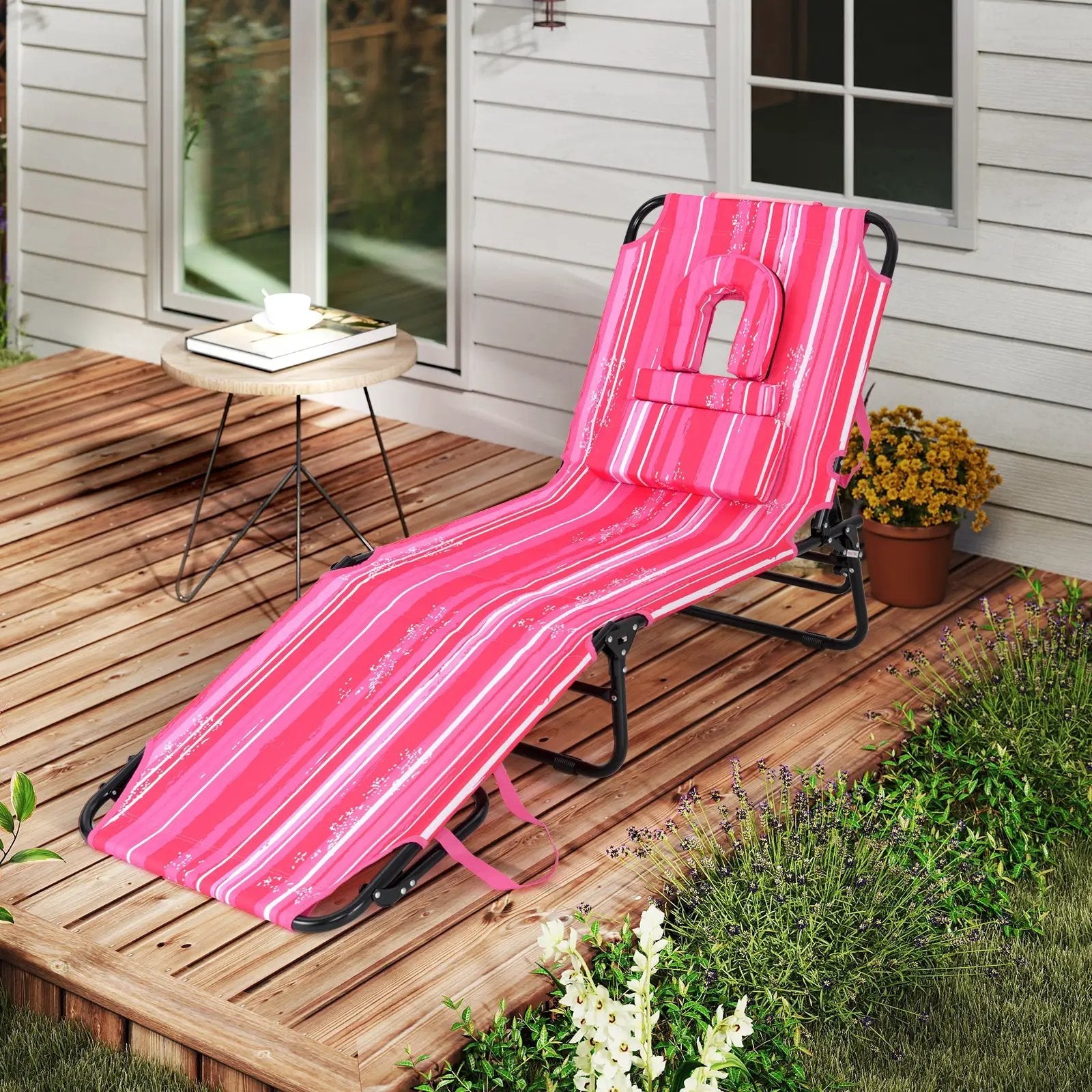 Beach Chaise Lounge Chair with Face Hole and Removable Pillow-Hot Pink by DirectDeals