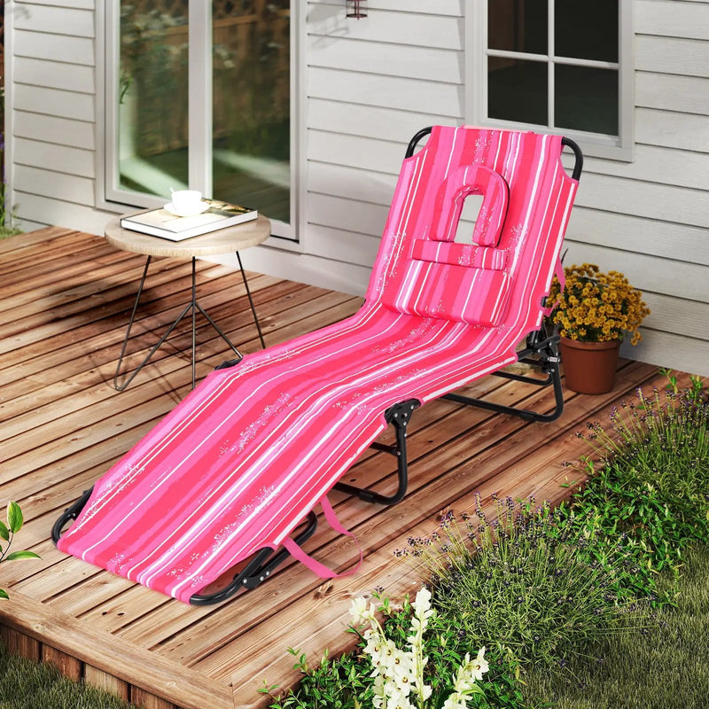 Beach Chaise Lounge Chair with Face Hole and Removable Pillow-Hot Pink by DirectDeals