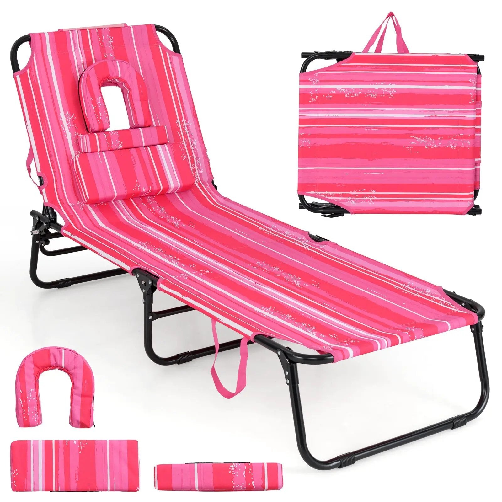 Beach Chaise Lounge Chair with Face Hole and Removable Pillow-Hot Pink by DirectDeals