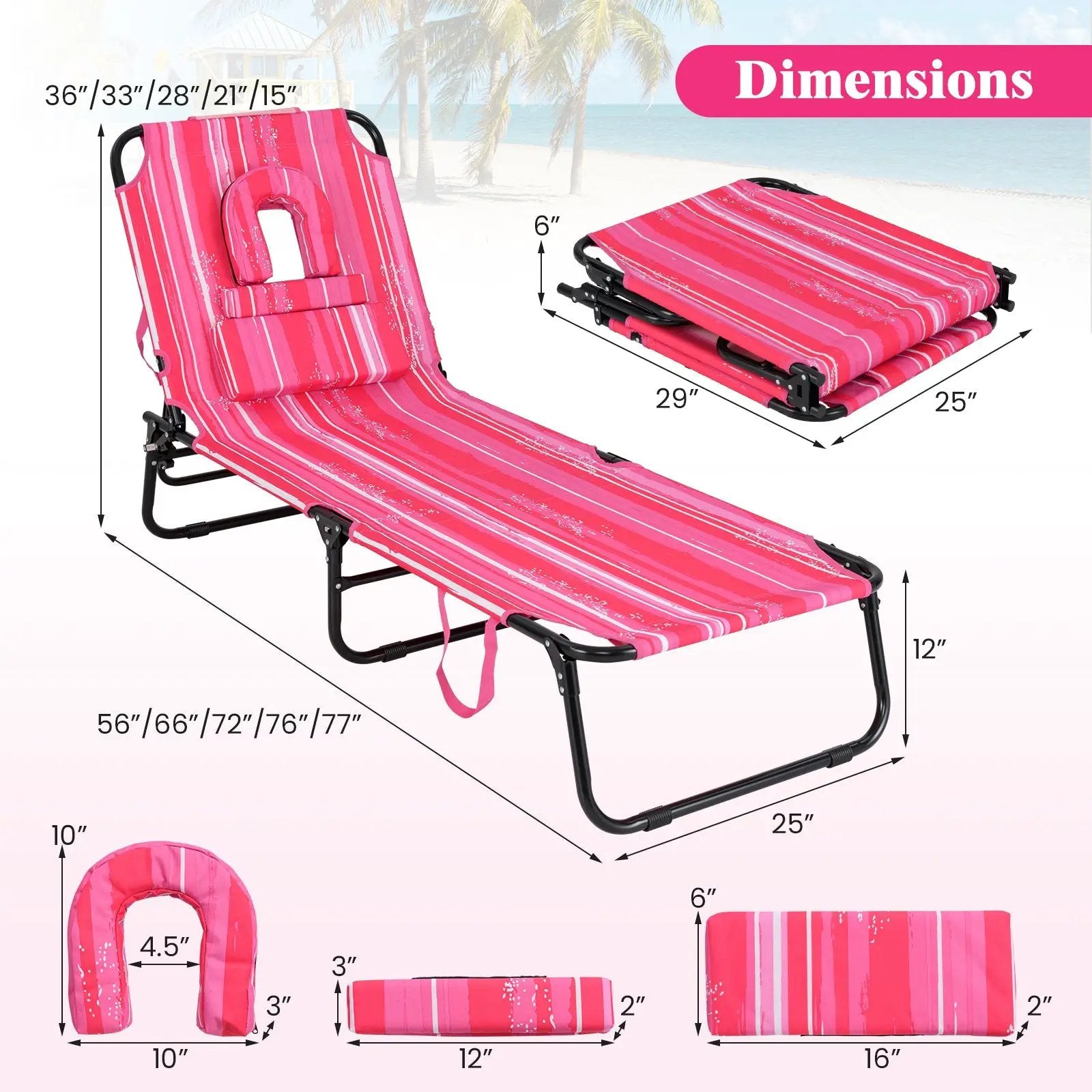 Beach Chaise Lounge Chair with Face Hole and Removable Pillow-Hot Pink by DirectDeals