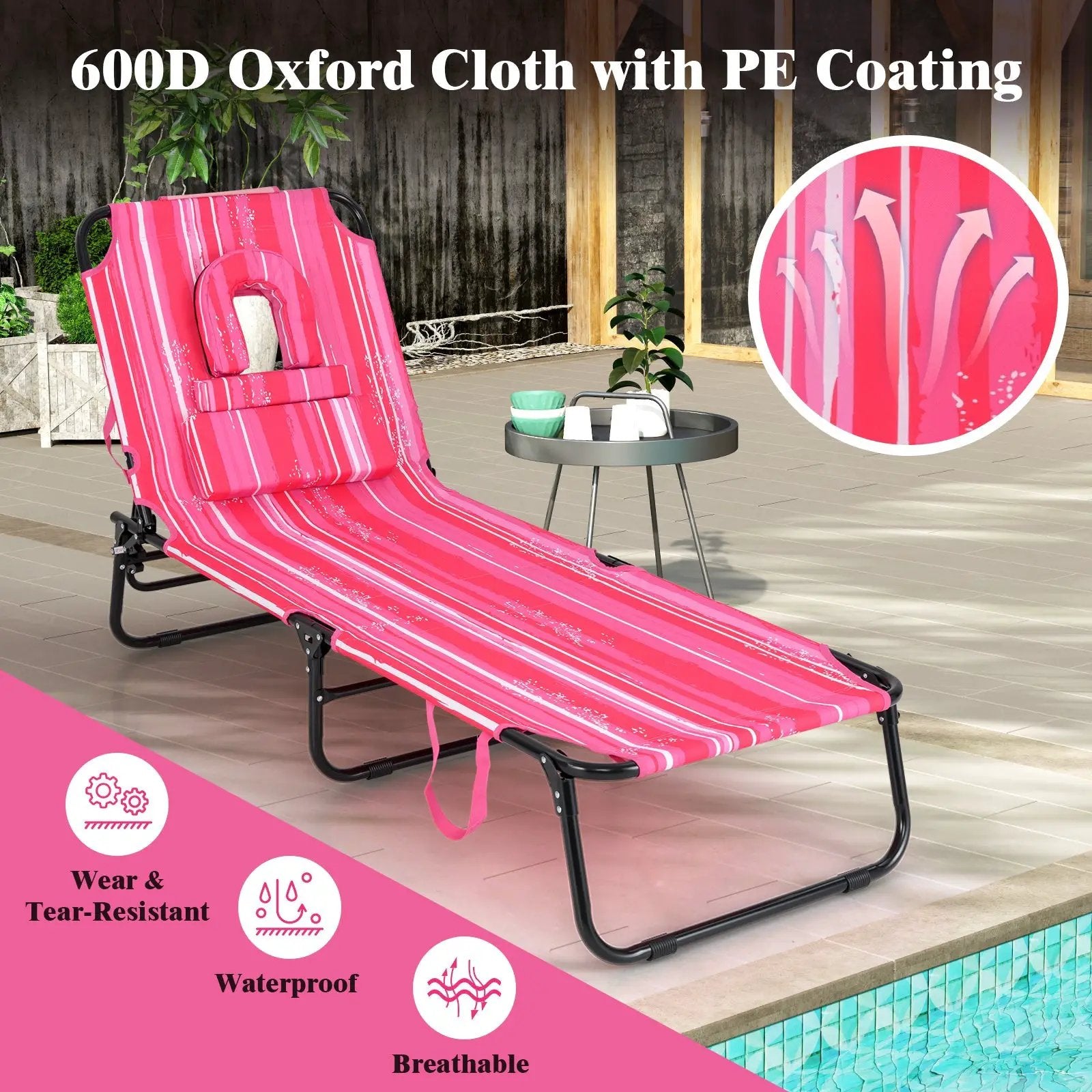 Beach Chaise Lounge Chair with Face Hole and Removable Pillow-Hot Pink by DirectDeals