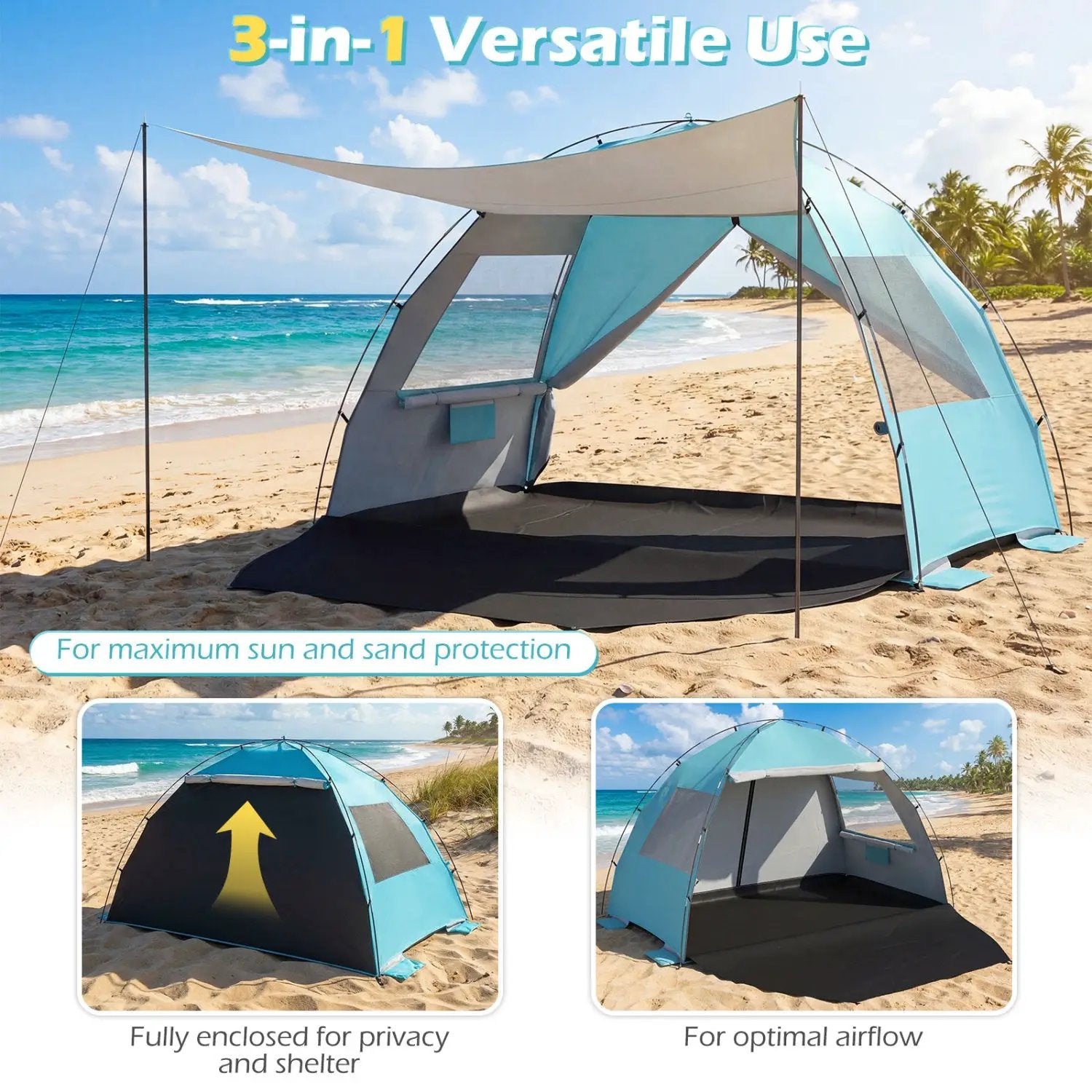 Beach Tent Sun Shelter with Canopy with Extended Floor and Vent Windows by DirectDeals