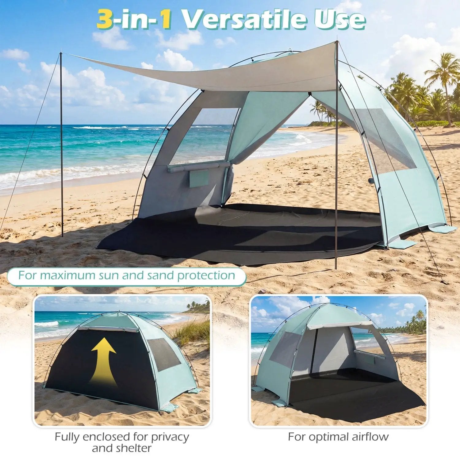 Beach Tent Sun Shelter with Canopy with Extended Floor and Vent Windows by DirectDeals