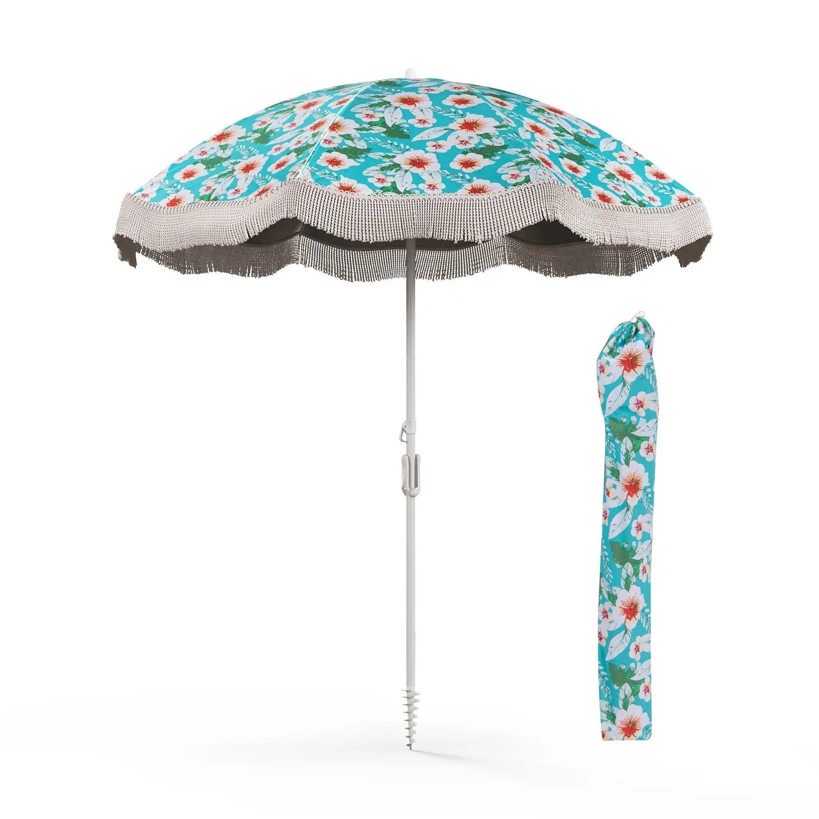 6.5 FT Beach Umbrella with Fringe Outdoor Tassel Umbrella with Push Button Tilt by DirectDeals