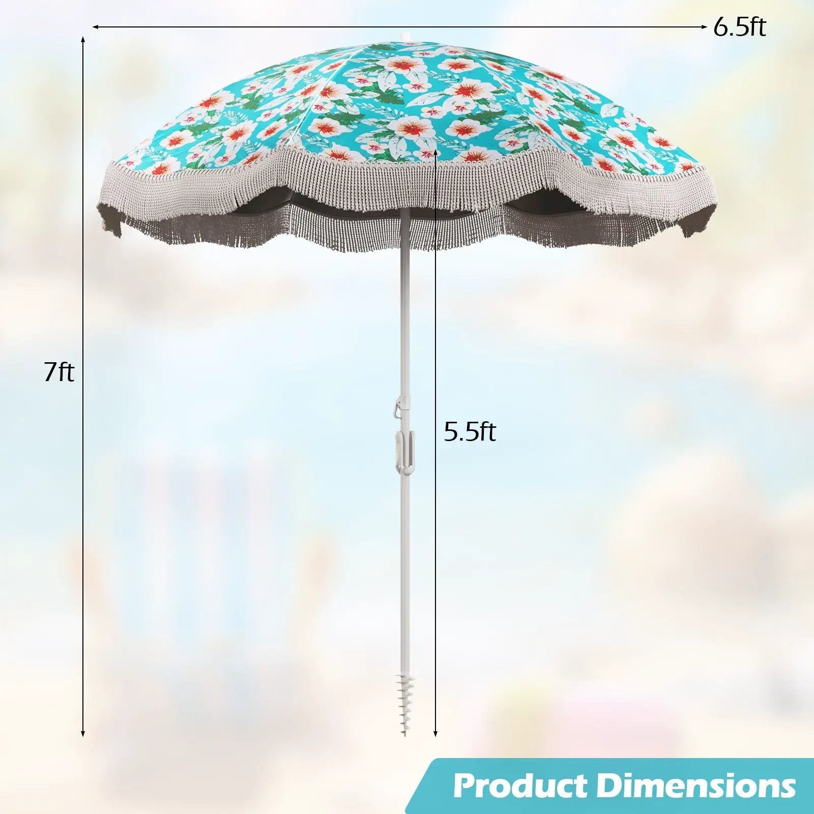 6.5 FT Beach Umbrella with Fringe Outdoor Tassel Umbrella with Push Button Tilt by DirectDeals