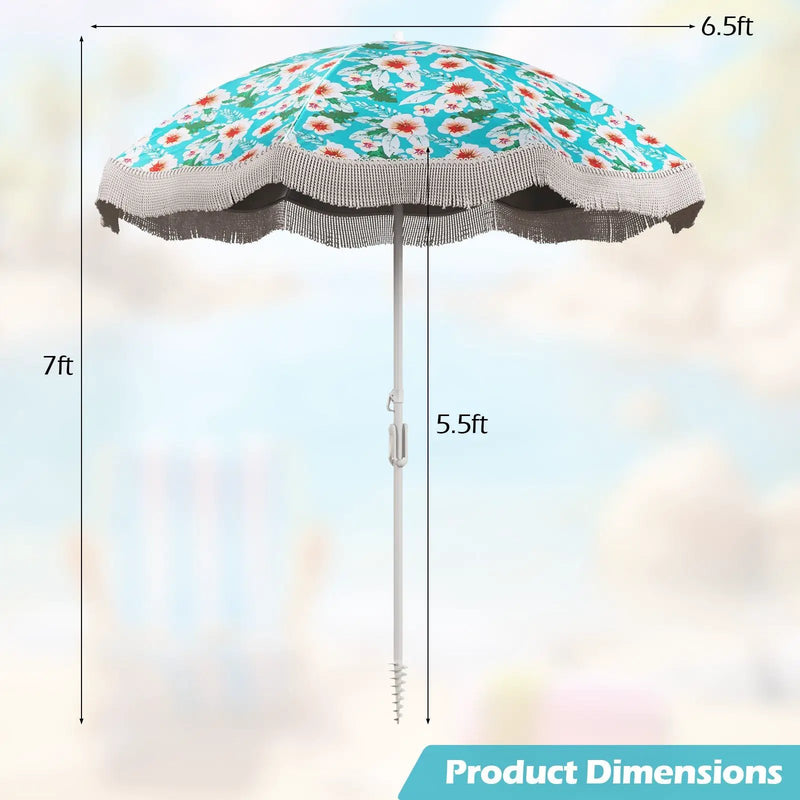 6.5 FT Beach Umbrella with Fringe Outdoor Tassel Umbrella with Push Button Tilt by DirectDeals