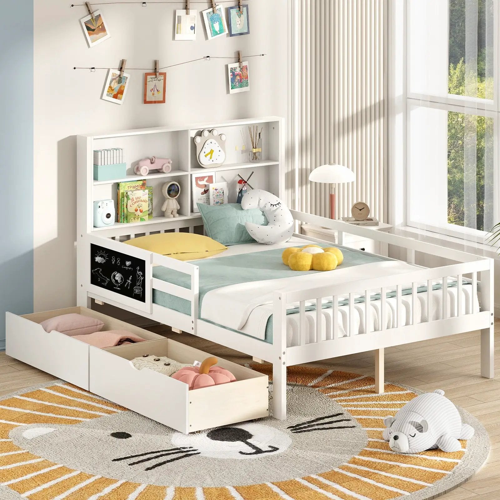 Twin/Full Size Bed Frame with 2 Drawers and Bookcase for Boys and Girls by DirectDeals