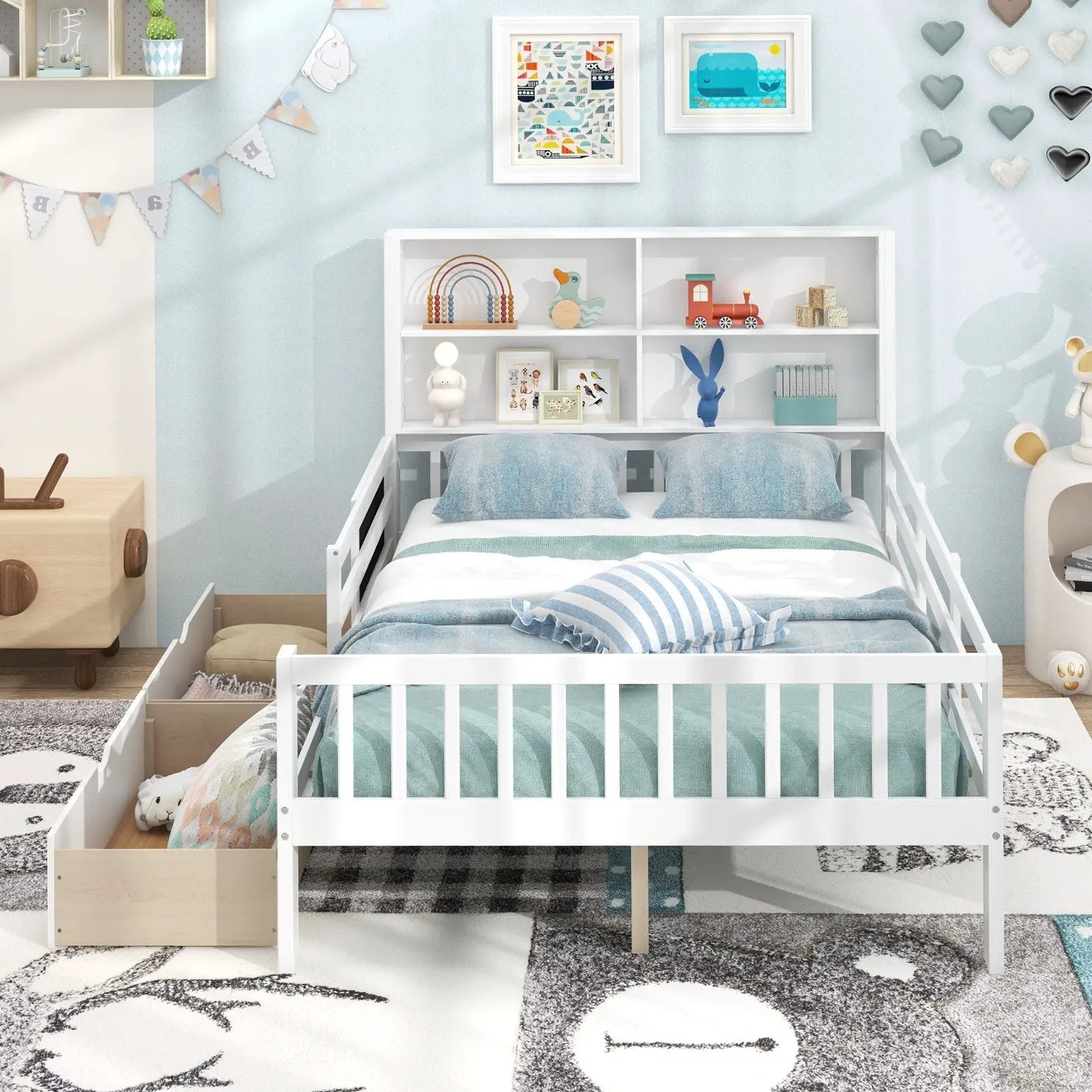 Twin/Full Size Bed Frame with 2 Drawers and Bookcase for Boys and Girls by DirectDeals