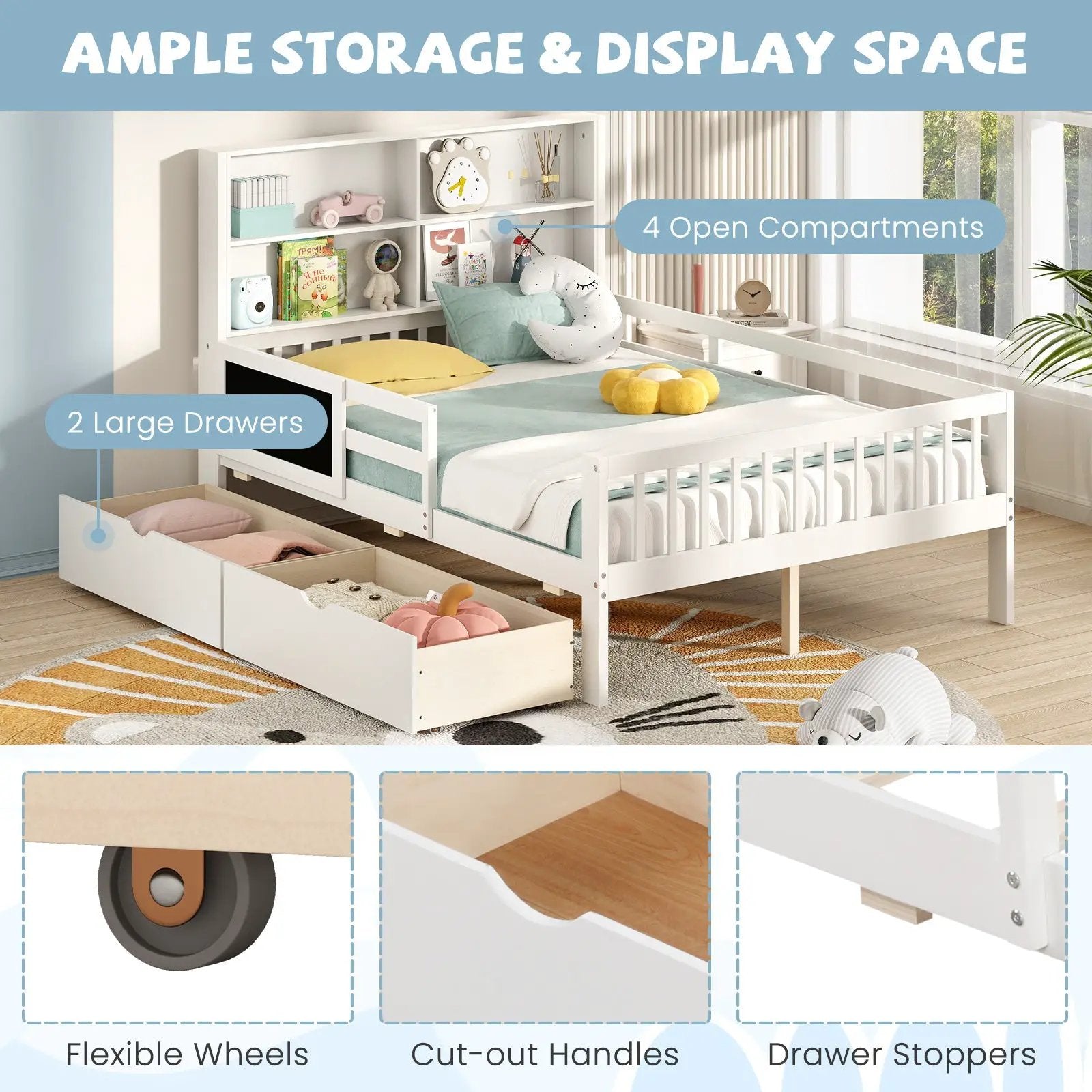 Twin/Full Size Bed Frame with 2 Drawers and Bookcase for Boys and Girls by DirectDeals