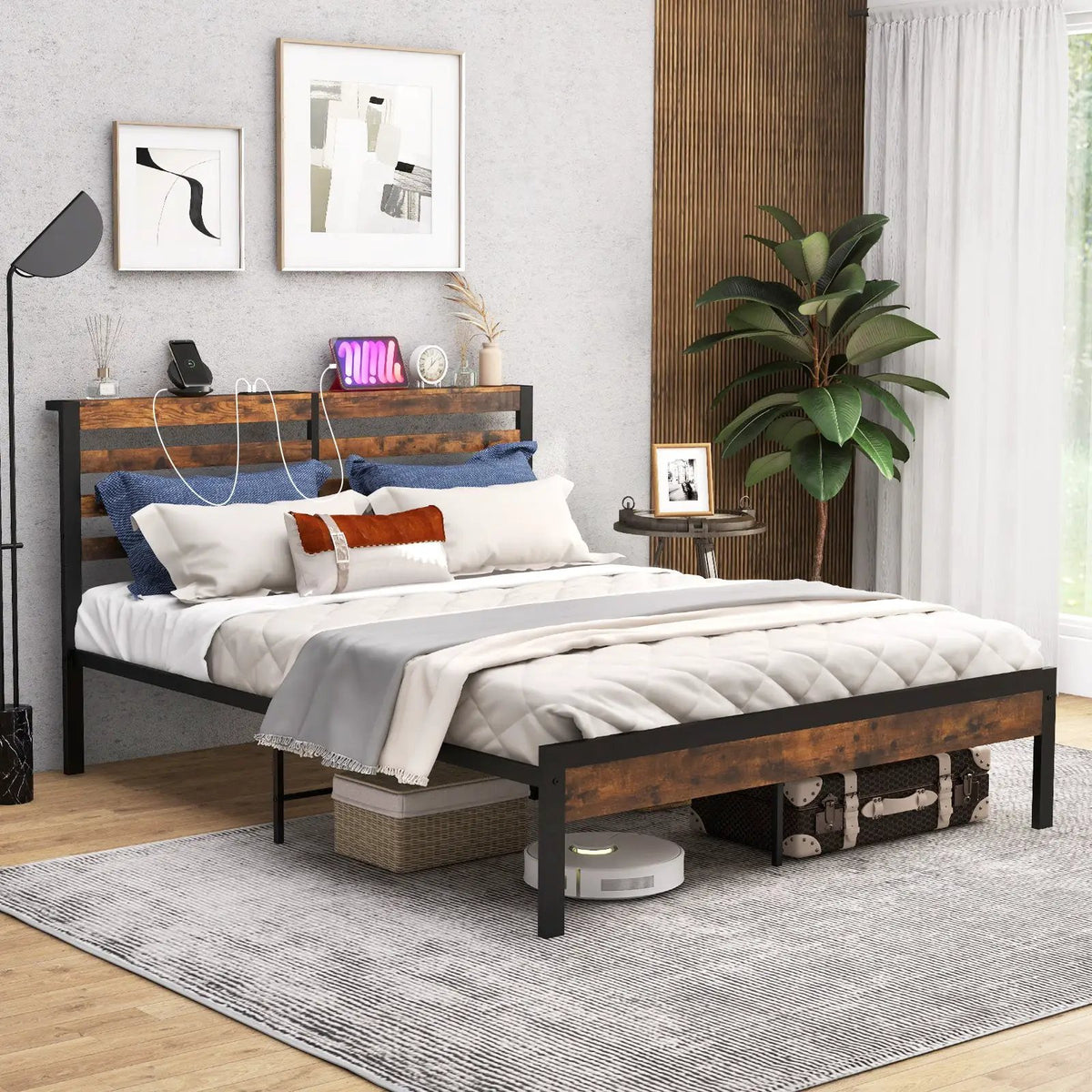 Full/Queen Size Bed Frame with Charging Station and Storage Headboard, photo 2 of 10