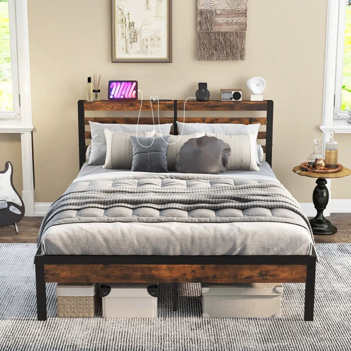 Full/Queen Size Bed Frame with Charging Station and Storage Headboard, photo 5 of 10