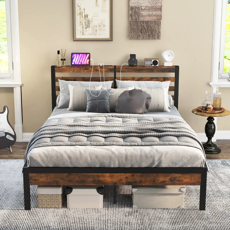 Full/Queen Size Bed Frame with Charging Station and Storage Headboard by DirectDeals