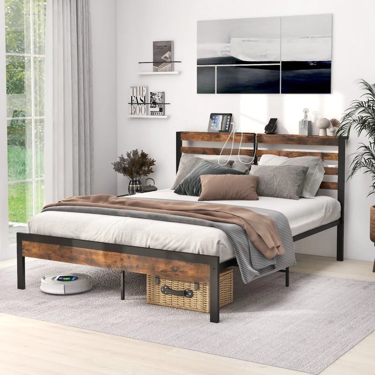 Full/Queen Size Bed Frame with Charging Station and Storage Headboard, photo 6 of 10