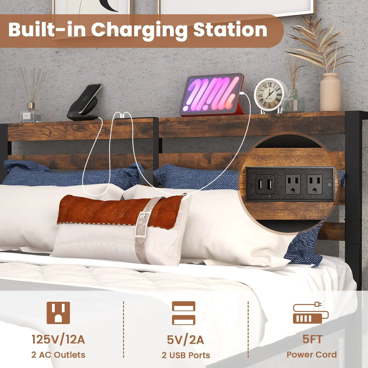Full/Queen Size Bed Frame with Charging Station and Storage Headboard, photo 7 of 10