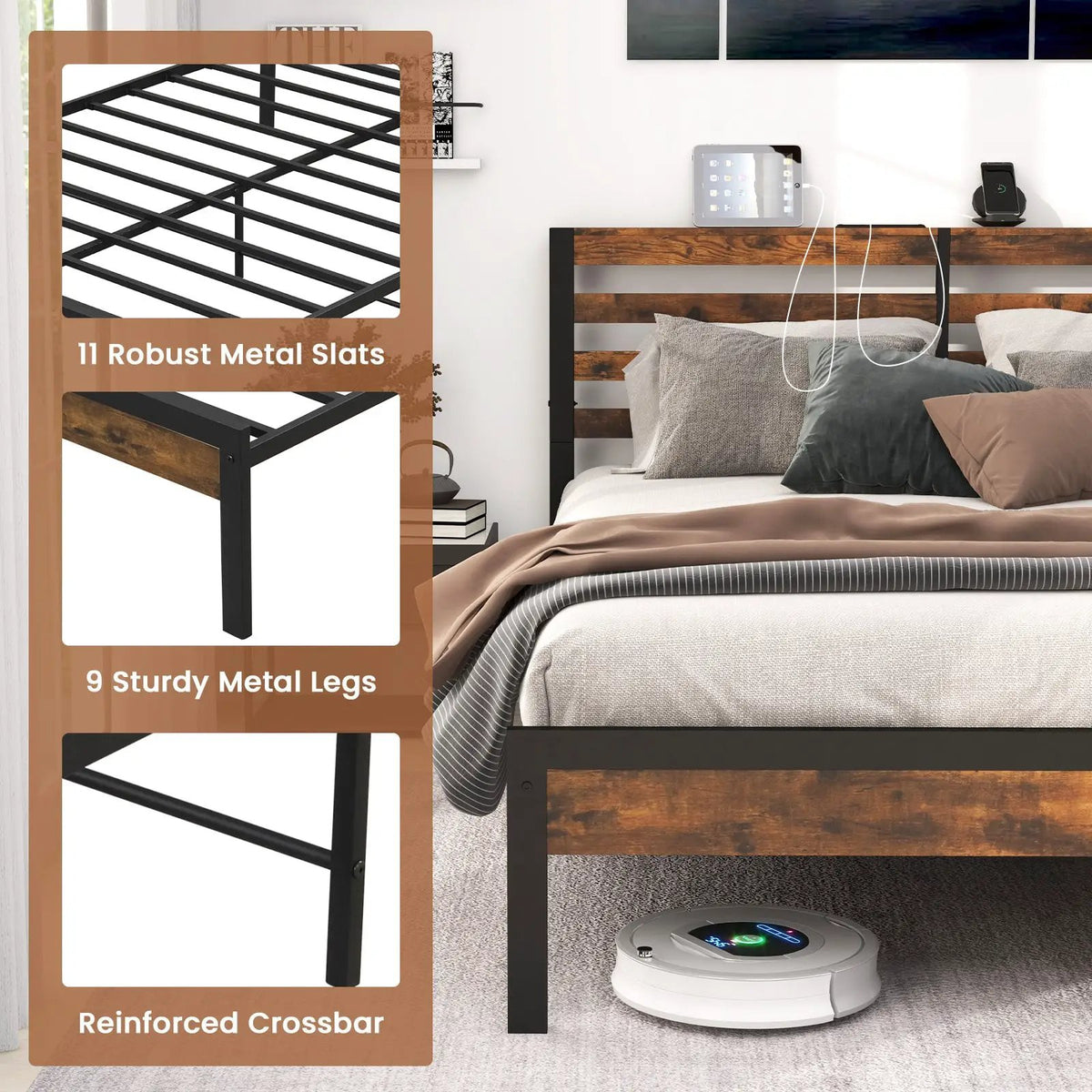 Full/Queen Size Bed Frame with Charging Station and Storage Headboard, photo 8 of 10