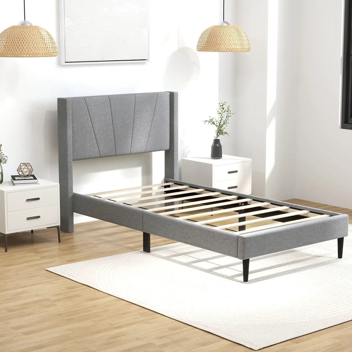 Twin/Queen Bed Frame with Linen Upholstered Wingback Headboard, photo 2 of 9
