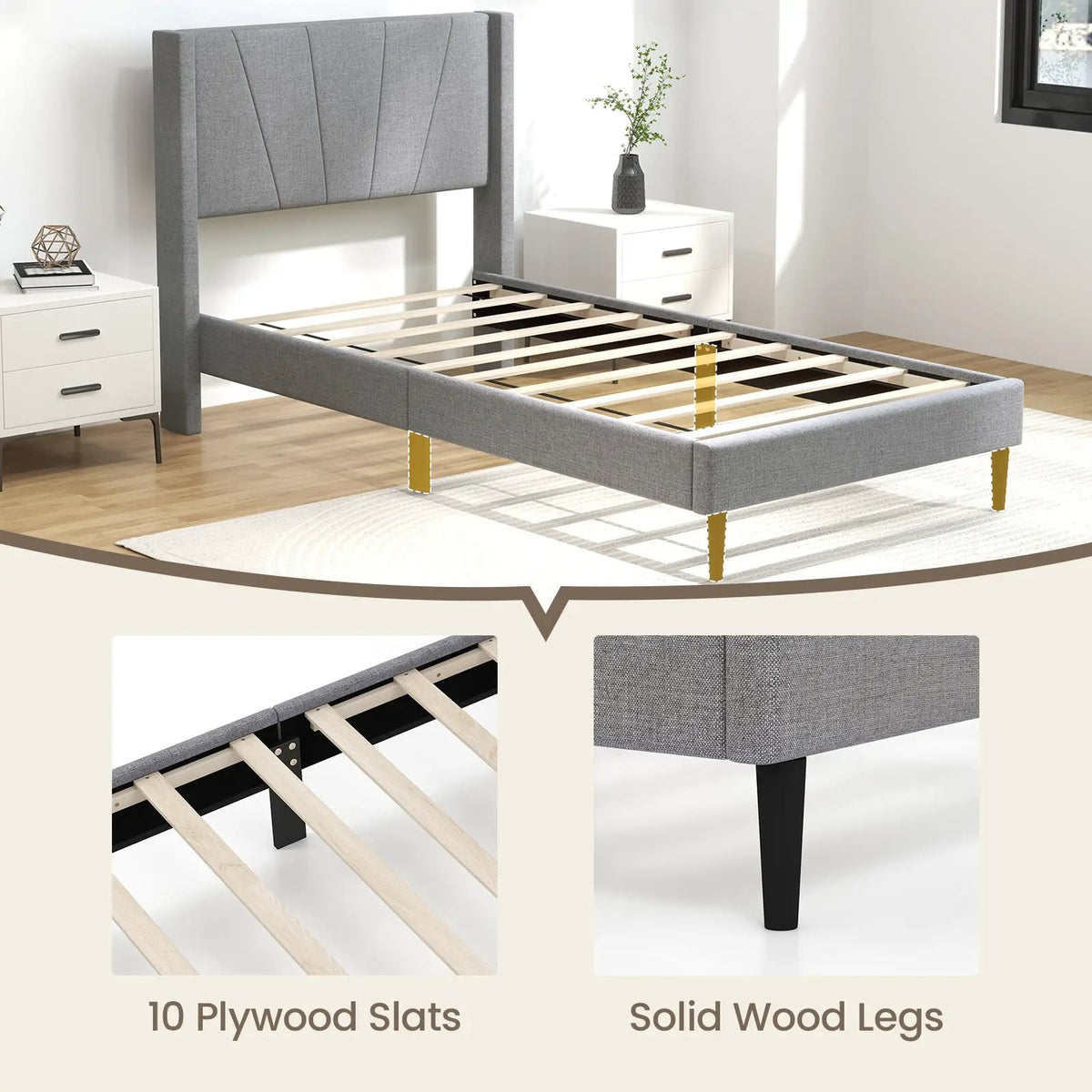 Twin/Queen Bed Frame with Linen Upholstered Wingback Headboard, photo 8 of 9
