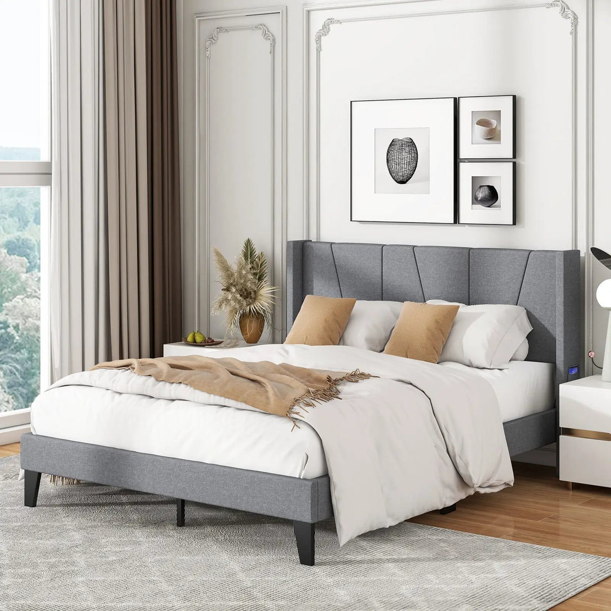 Full/Queen Size Bed Frame with Wingback Headboard and Wood Slat Support